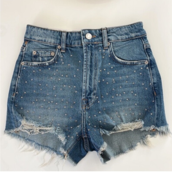 Zara Denim Distressed Embellished High Waisted Shorts, Small, Great Condition. - Picture 1 of 5